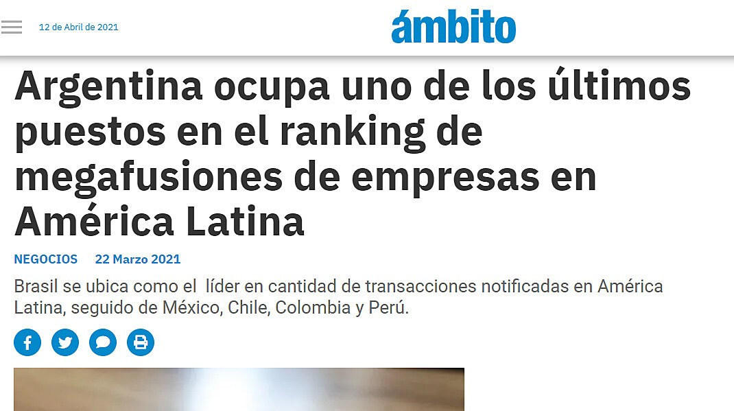 Argentina ocupa uno de los ltimos puestos en el ranking de megafusiones de empresas en Amrica Latina
